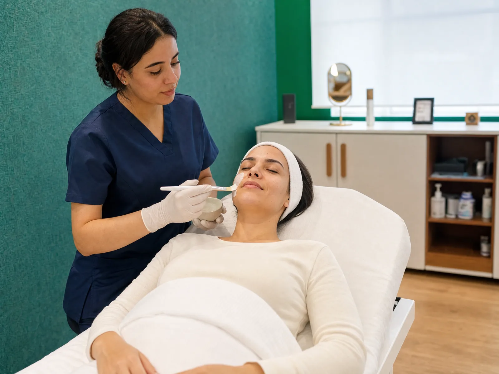 Soin du visage réalisé dans une salle de soins aux tons du centre